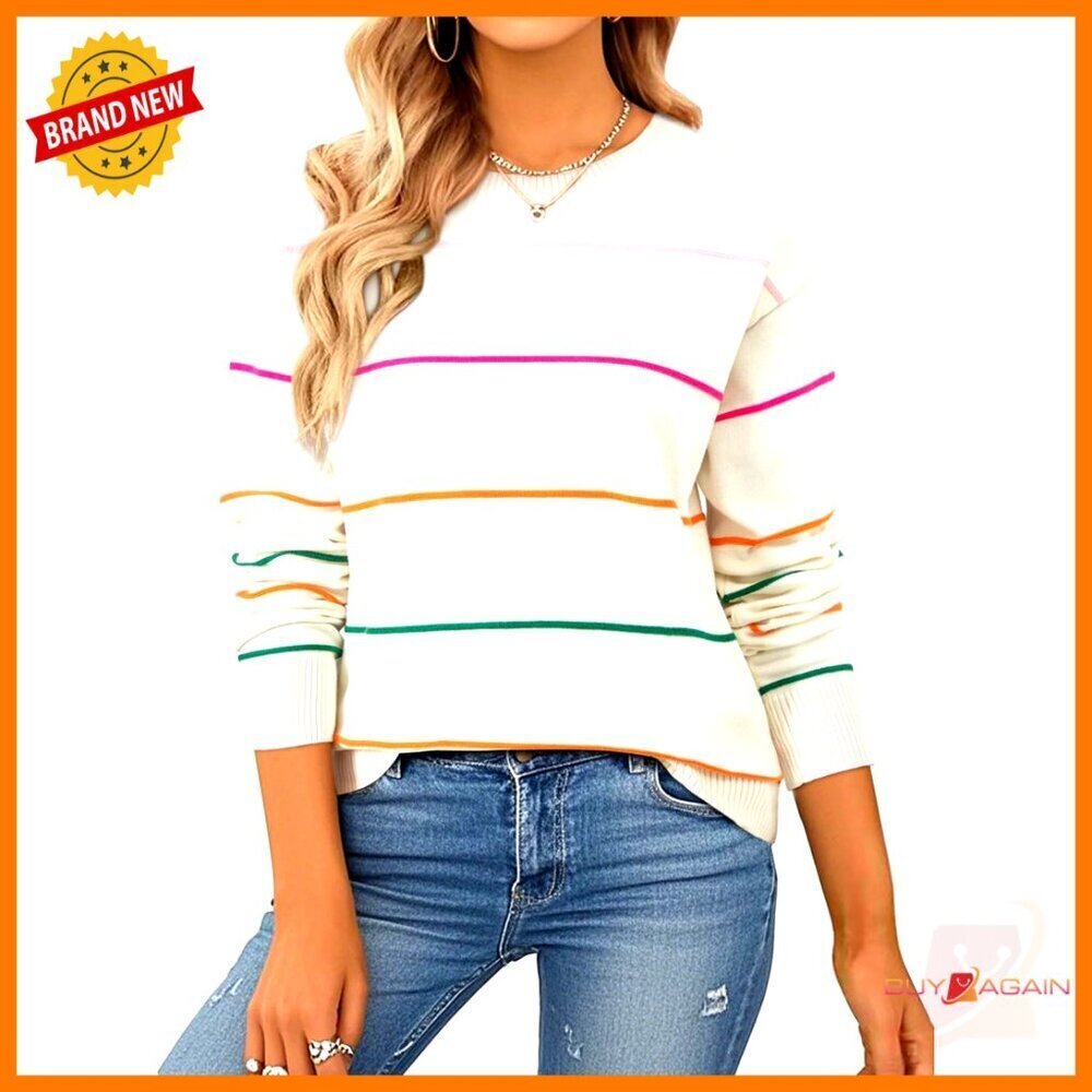 Striped Knit Sweater Crew Neck Long Sleeve Relaxed Fit Chic Fall Fashion